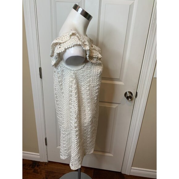 Sezane White Crochet Lace Ruffle Square Neck Mini Dress, SizeMedium - Picture 2 of 5